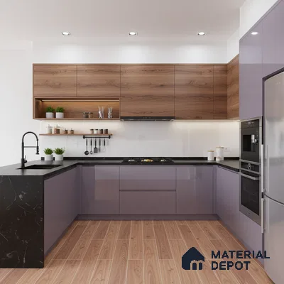 Modern L-shaped kitchen with walnut wood laminate, glossy lavender laminate, and black marble countertop in Bengaluru