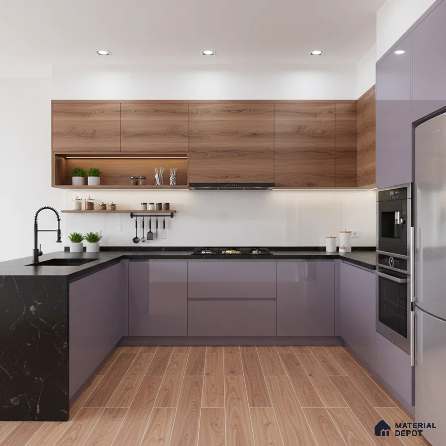 Modern L-shaped kitchen with walnut wood laminate, glossy lavender laminate, and black marble countertop in Bengaluru