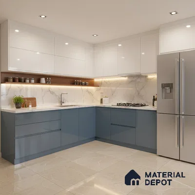 Modern L-shaped kitchen with white and blue high gloss laminate, marble-look backsplash, and beige marble floor tile in Bengaluru