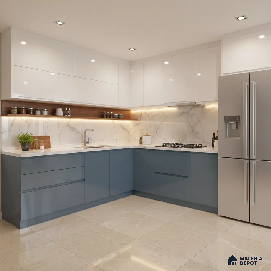 Modern L-shaped kitchen with white and blue high gloss laminate, marble-look backsplash, and beige marble floor tile in Bengaluru