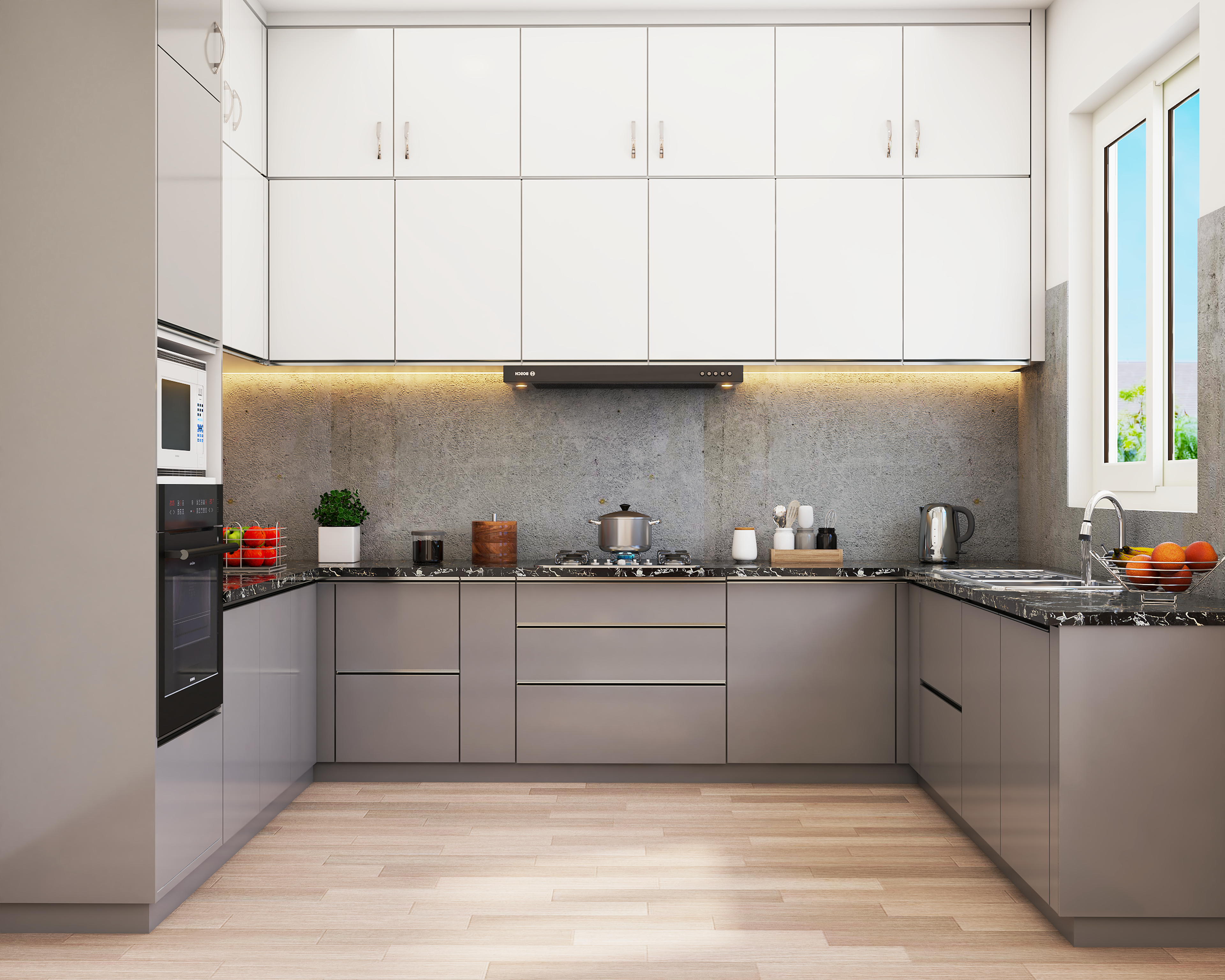 Modern L-shaped kitchen with white and grey high gloss laminate, black marble countertop, and concrete finish backsplash in Bengaluru | Material Depot