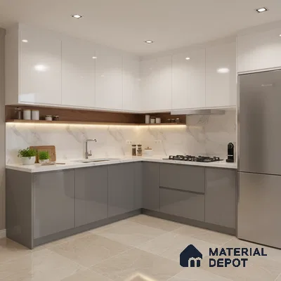 Modern L-shaped kitchen with white and grey high gloss laminate, marble-look backsplash, and beige floor tiles in Bengaluru