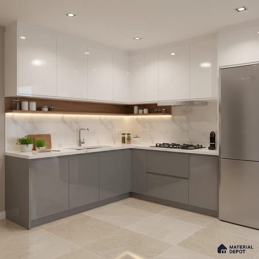 Modern L-shaped kitchen with white and grey high gloss laminate, marble-look backsplash, and beige floor tiles in Bengaluru