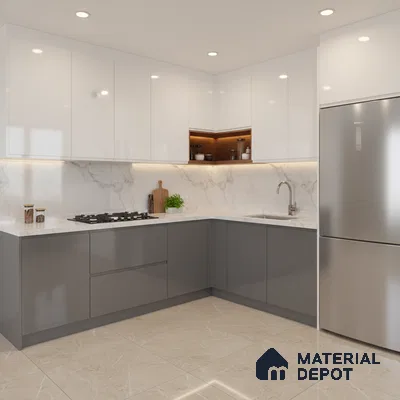 Modern L-shaped kitchen with white and grey high gloss laminate, marble-look backsplash, and beige marble floor tile in Bengaluru