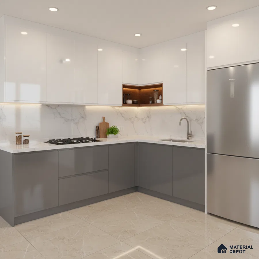Modern L-shaped kitchen with white and grey high gloss laminate, marble-look backsplash, and beige marble floor tile in Bengaluru