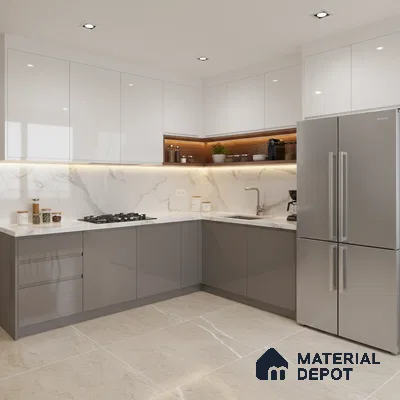 Modern L-shaped kitchen with white and grey high gloss laminate, marble-look backsplash, and beige marble floor tiles in Bengaluru