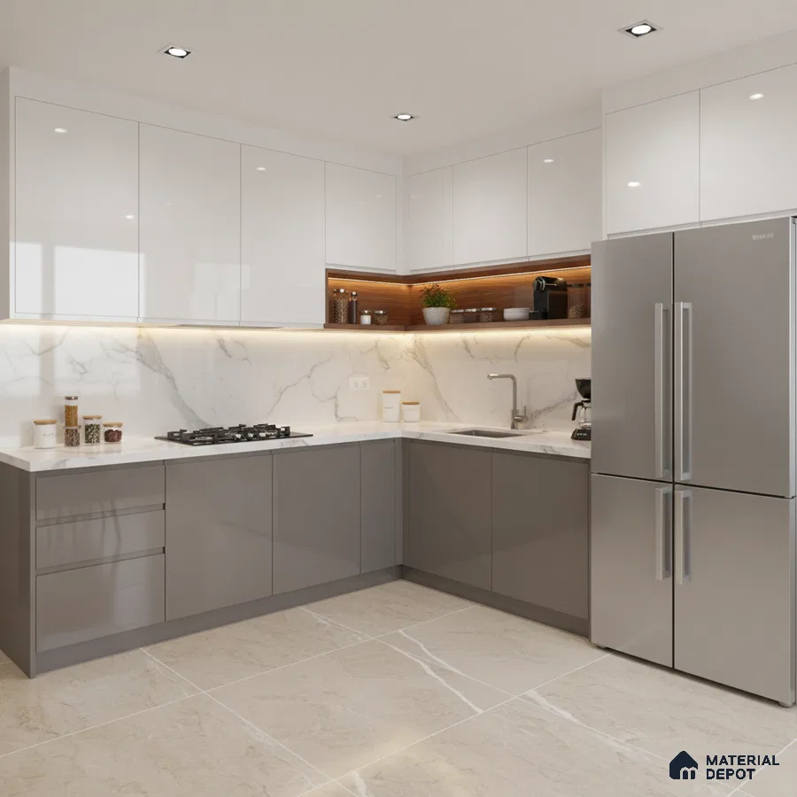 Modern L-shaped kitchen with white and grey high gloss laminate, marble-look backsplash, and beige marble floor tiles in Bengaluru