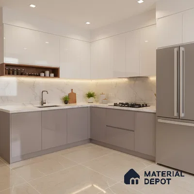 Modern L-shaped kitchen with white high gloss laminate, grey matte laminate, and marble backsplash in Bengaluru