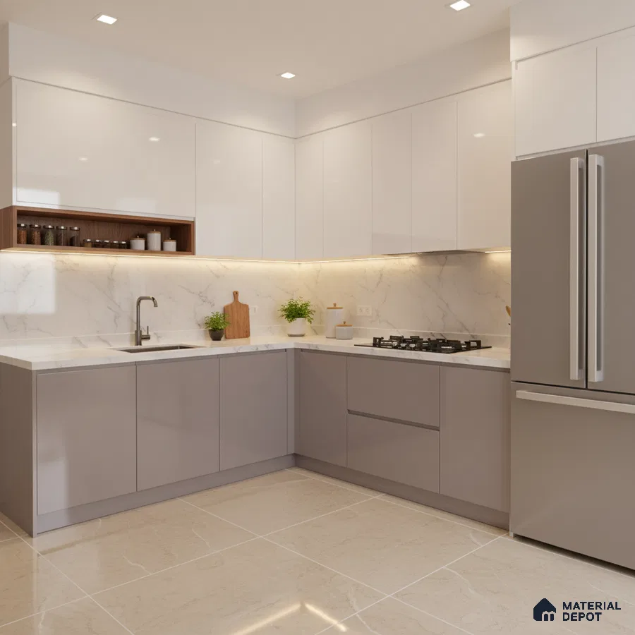 Modern L-shaped kitchen with white high gloss laminate, grey matte laminate, and marble backsplash in Bengaluru