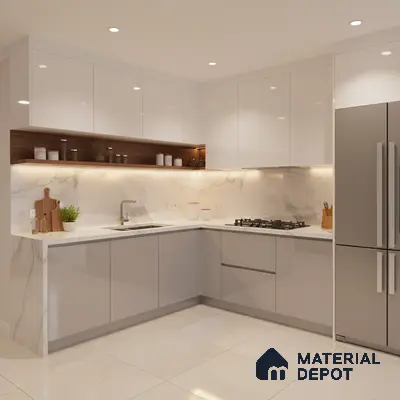 Modern L-shaped kitchen with white high gloss laminate, marble-look backsplash, and quartz countertop in Bengaluru