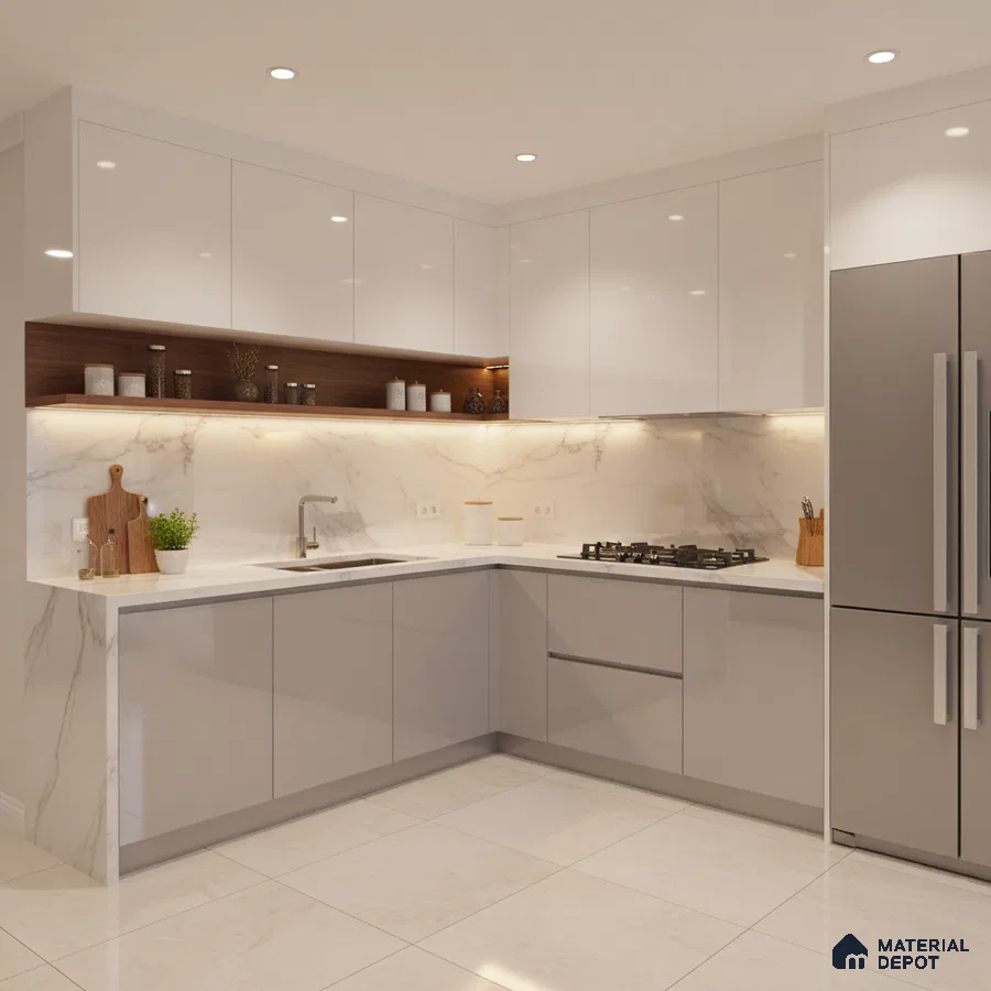 Modern L-shaped kitchen with white high gloss laminate, marble-look backsplash, and quartz countertop in Bengaluru
