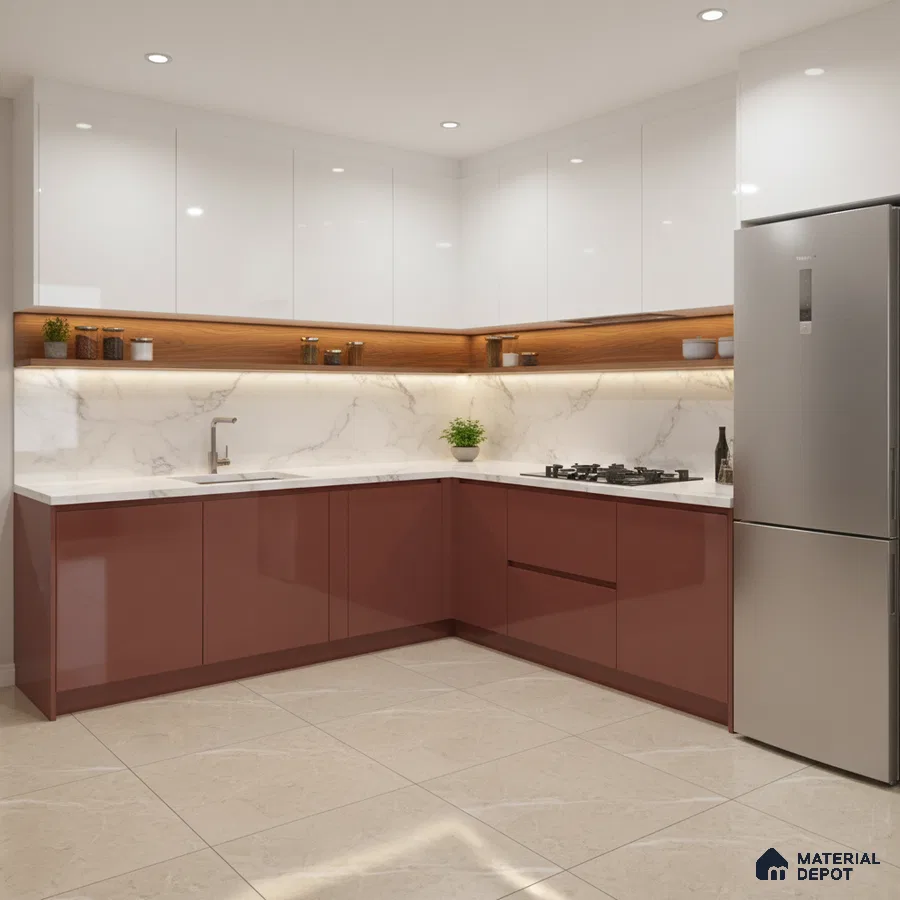Modern L-shaped kitchen with white high gloss laminate, terracotta laminate, marble backsplash, and beige floor tile in Bengaluru