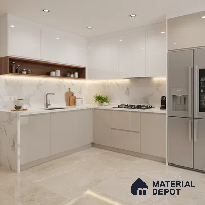 Modern L-shaped kitchen with white marble laminate, beige solid laminate, and marble-look backsplash in Bengaluru
