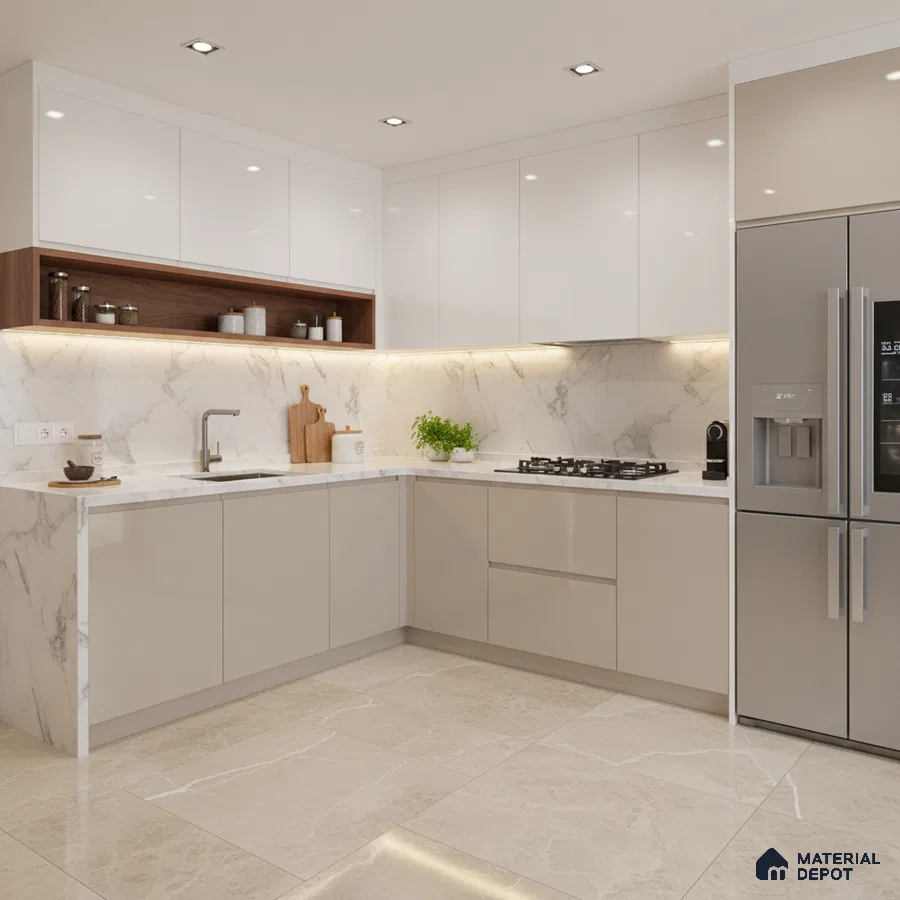 Modern L-shaped kitchen with white marble laminate, beige solid laminate, and marble-look backsplash in Bengaluru