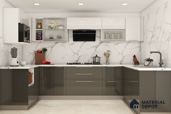 Modern L-shaped kitchen with white marble-look backsplash, glossy white and taupe laminate cabinets, and white quartz countertop in Bengaluru | Material Depot