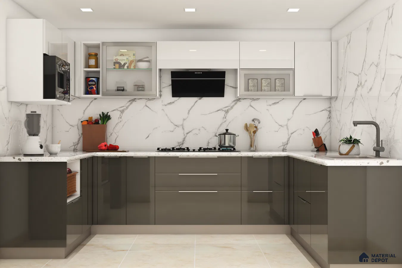 Modern L-shaped kitchen with white marble-look backsplash, glossy white and taupe laminate cabinets, and white quartz countertop in Bengaluru | Material Depot