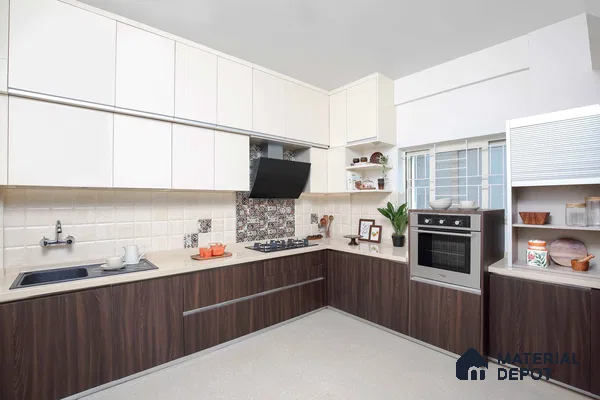 Modern L-shaped kitchen with white solid laminate, walnut wood laminate, and patterned backsplash tiles in Bengaluru | Material Depot