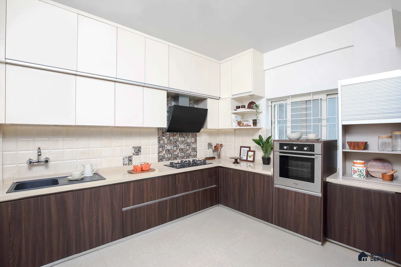 Modern L-shaped kitchen with white solid laminate, walnut wood laminate, and patterned backsplash tiles in Bengaluru | Material Depot
