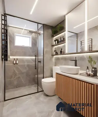 Modern Luxe Bathroom with Grey Marble-Look Tiles and Wooden Fluted Vanity in 2 BHK Nagarjuna Meadows, Yelahanka | Material Depot