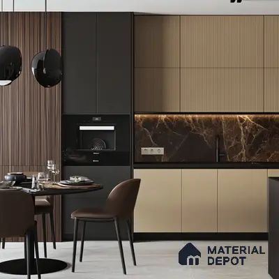 Modern Luxe Kitchen with Matte Black and Warm Beige Cabinets, Marble Backsplash, and Fluted Wood Accents | Material Depot