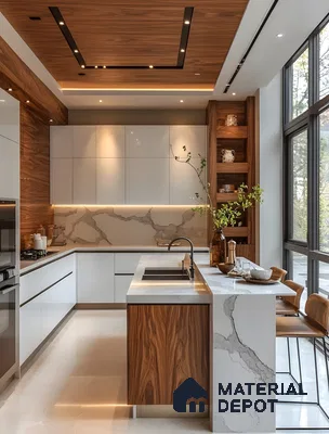 Modern Luxe Kitchen With Walnut Panels, Statuario Marble Accents & Full-Height Glazing | Material Depot