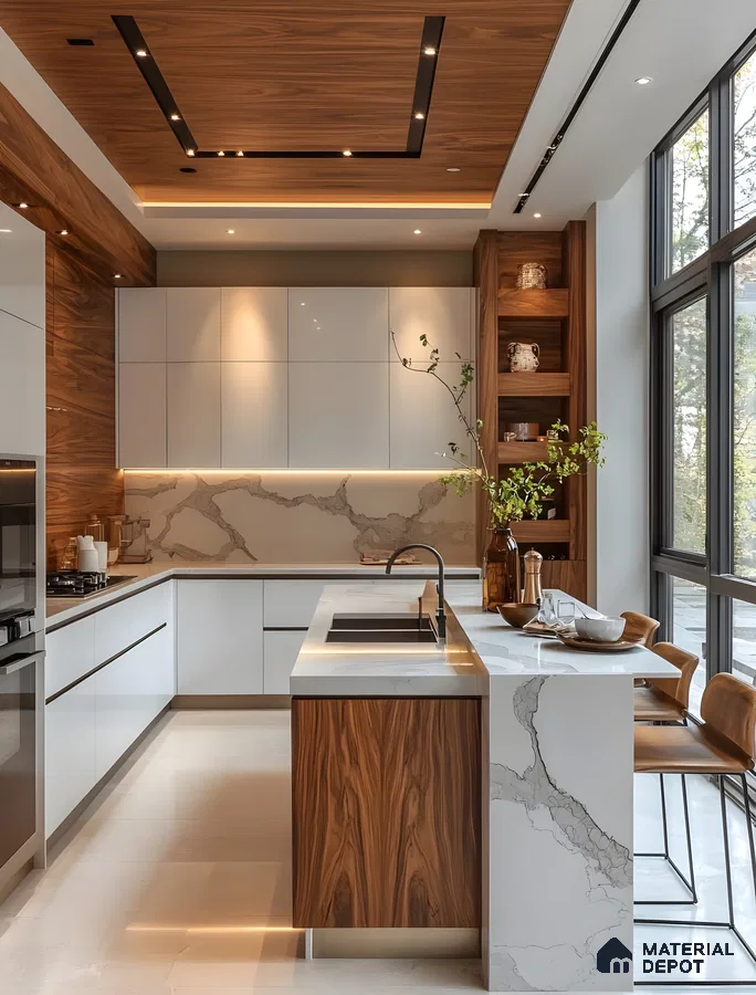 Modern Luxe Kitchen With Walnut Panels, Statuario Marble Accents & Full-Height Glazing | Material Depot