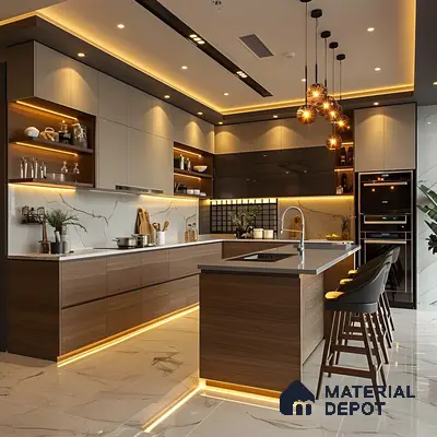 Modern Luxe Kitchen With Walnut Wood & Graphite Accents, Marble Surfaces & Warm Ambient Illumination | Material Depot