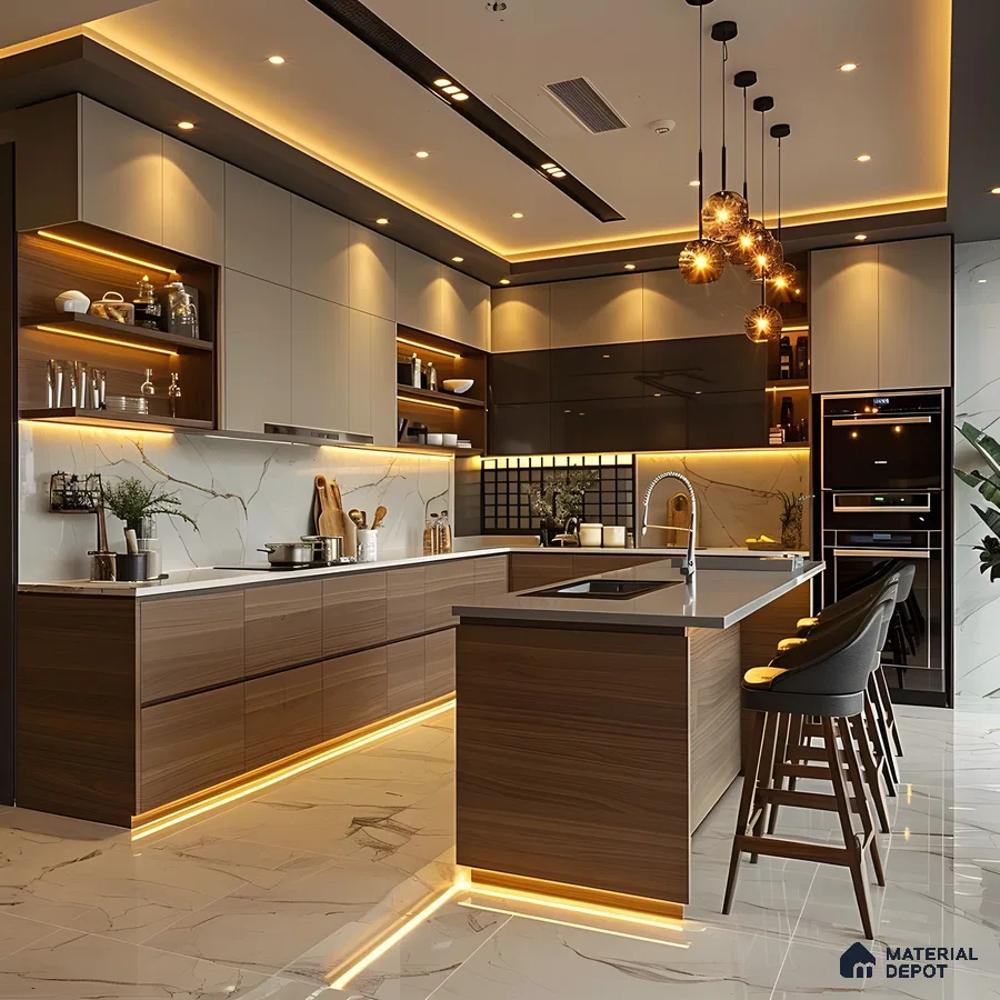 Modern Luxe Kitchen With Walnut Wood & Graphite Accents, Marble Surfaces & Warm Ambient Illumination | Material Depot