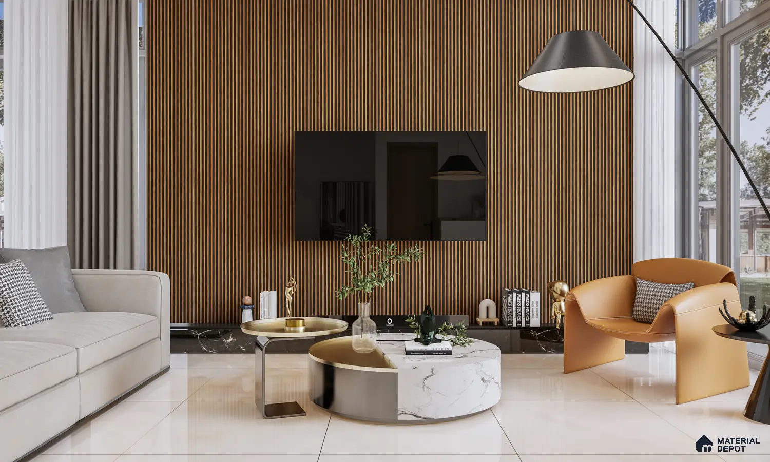Modern Luxe Living Room with Fluted Wood Panels | Material Depot