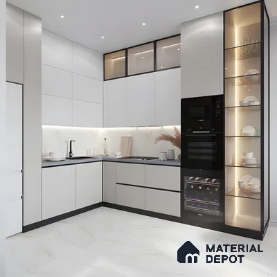 Modern Luxe Minimalist Kitchen With Matte White Cabinets, Black Glass Accents & Backlit Display Shelves | Material Depot