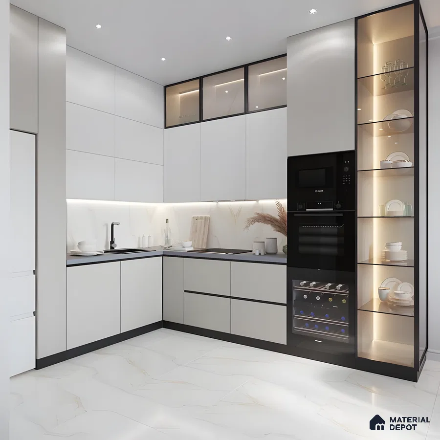 Modern Luxe Minimalist Kitchen With Matte White Cabinets, Black Glass Accents & Backlit Display Shelves | Material Depot