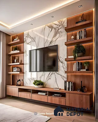 Modern Luxe Tv Unit With Bookmatched Marble Backdrop, Walnut Laminate Shelves, And Warm Cove Lighting | Material Depot