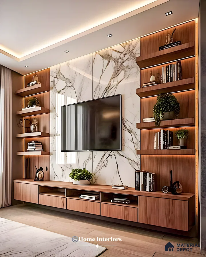 Modern Luxe Tv Unit With Bookmatched Marble Backdrop, Walnut Laminate Shelves, And Warm Cove Lighting | Material Depot