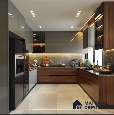 Modern Luxe: Walnut Wood And Black Glass Kitchen With Glossy Accents | Material Depot