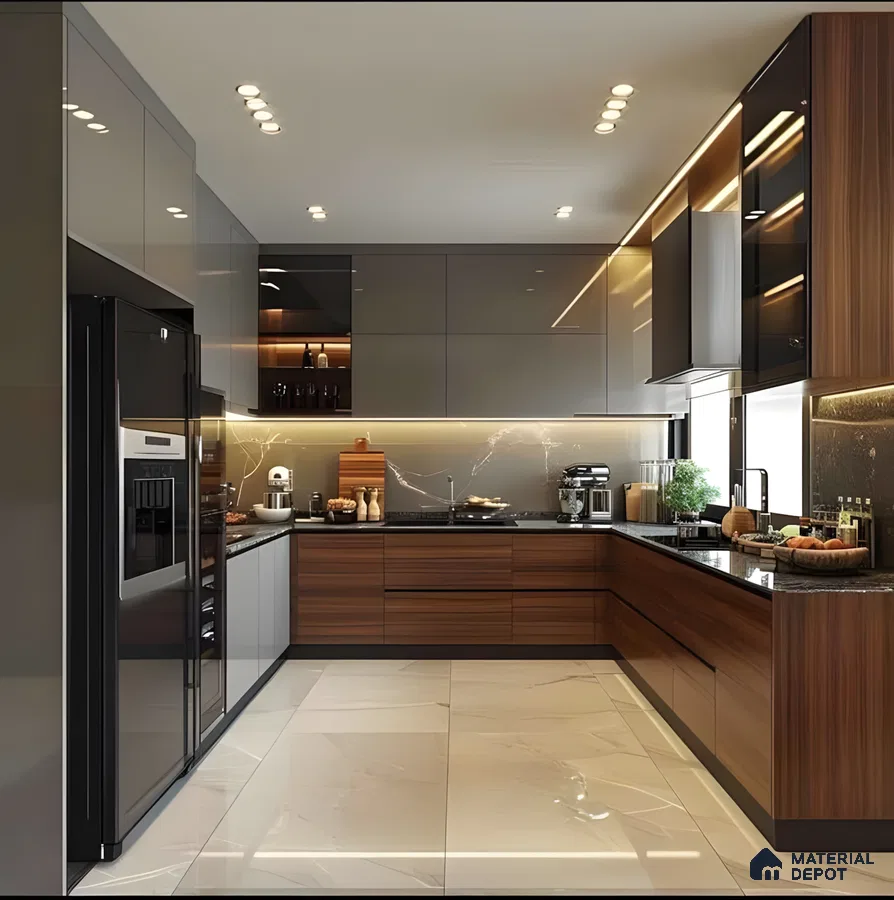 Modern Luxe: Walnut Wood And Black Glass Kitchen With Glossy Accents | Material Depot