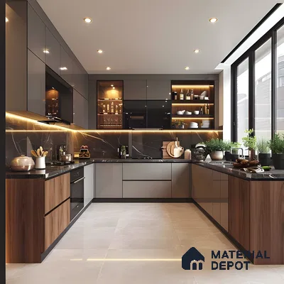 Modern Luxury Bohemian Kitchen In Graphite Acrylic & Walnut Wood With Marquina Marble And Ambient Backlighting | Material Depot