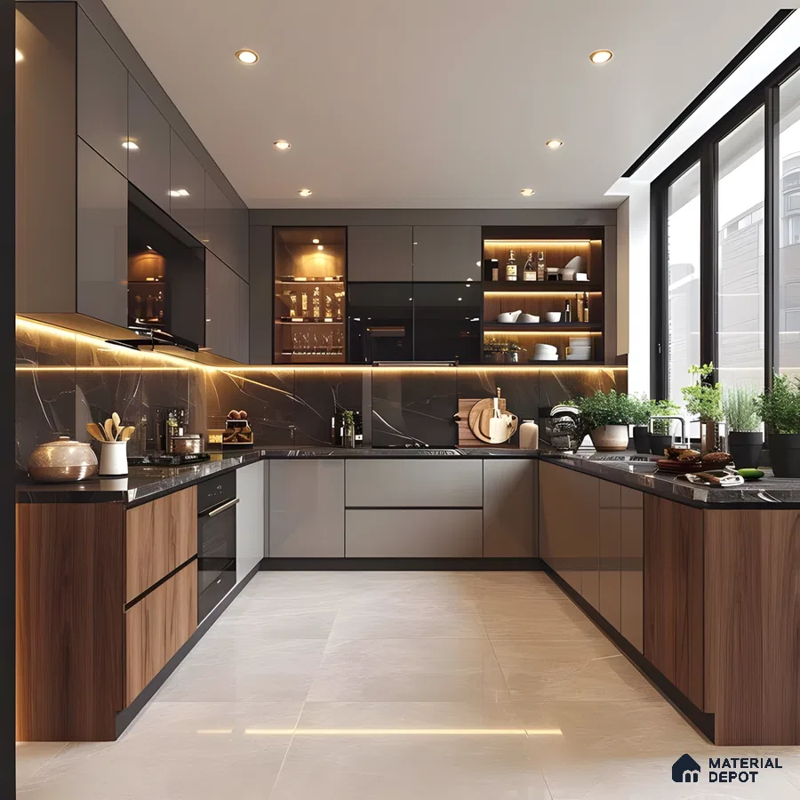 Modern Luxury Bohemian Kitchen In Graphite Acrylic & Walnut Wood With Marquina Marble And Ambient Backlighting | Material Depot