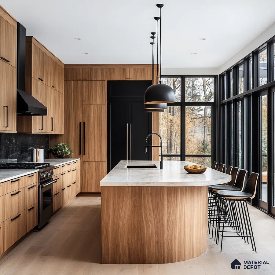 Modern Luxury Kitchen with Curved Island and Black Accents | Material Depot