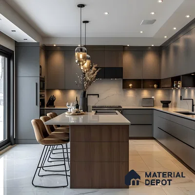 Modern Luxury Kitchen With Graphite Grey & Walnut Cabinets, Quartz Island & Marble Elegance | Material Depot
