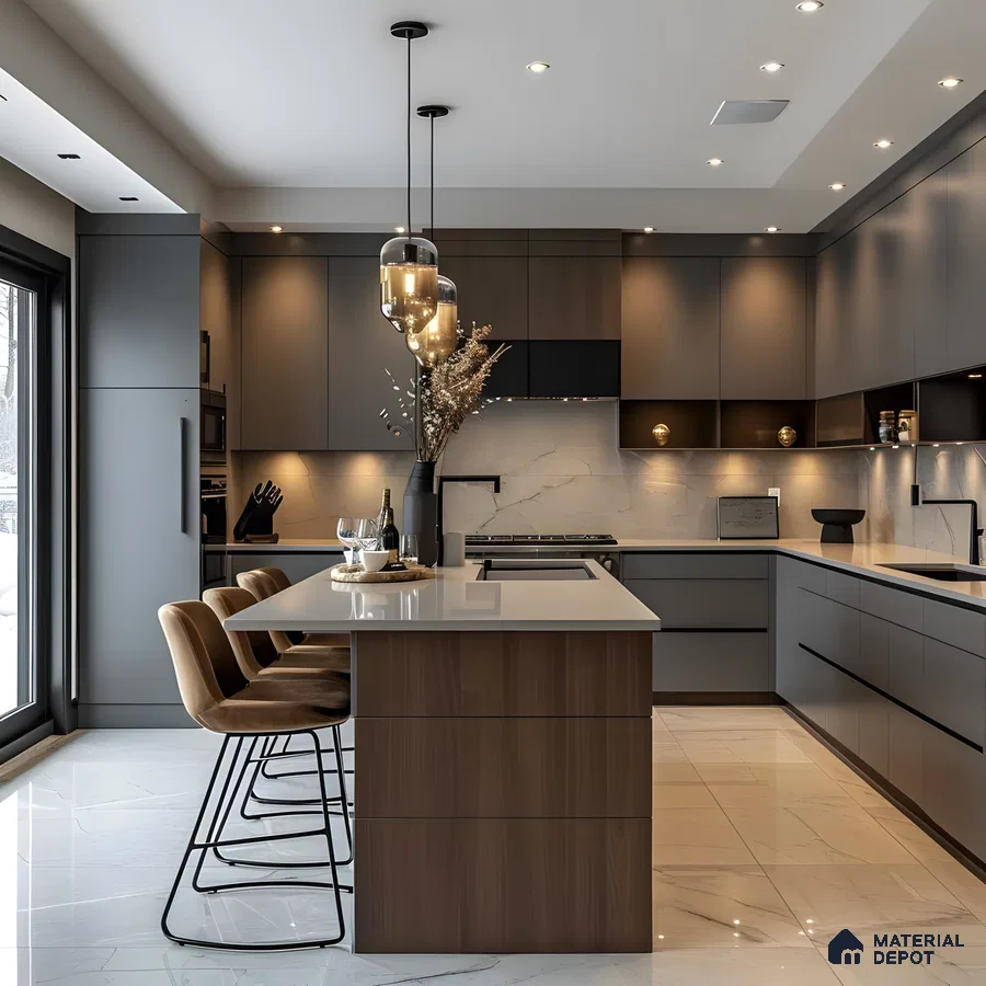 Modern Luxury Kitchen With Graphite Grey & Walnut Cabinets, Quartz Island & Marble Elegance | Material Depot
