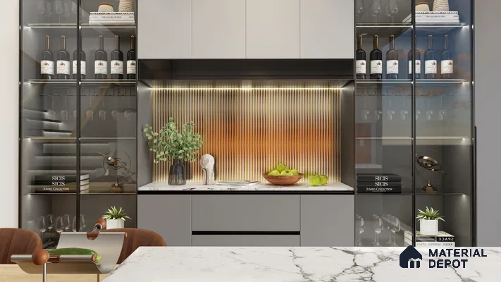 Modern Luxury Kitchen with Wine Display and Marble Countertop | Material Depot