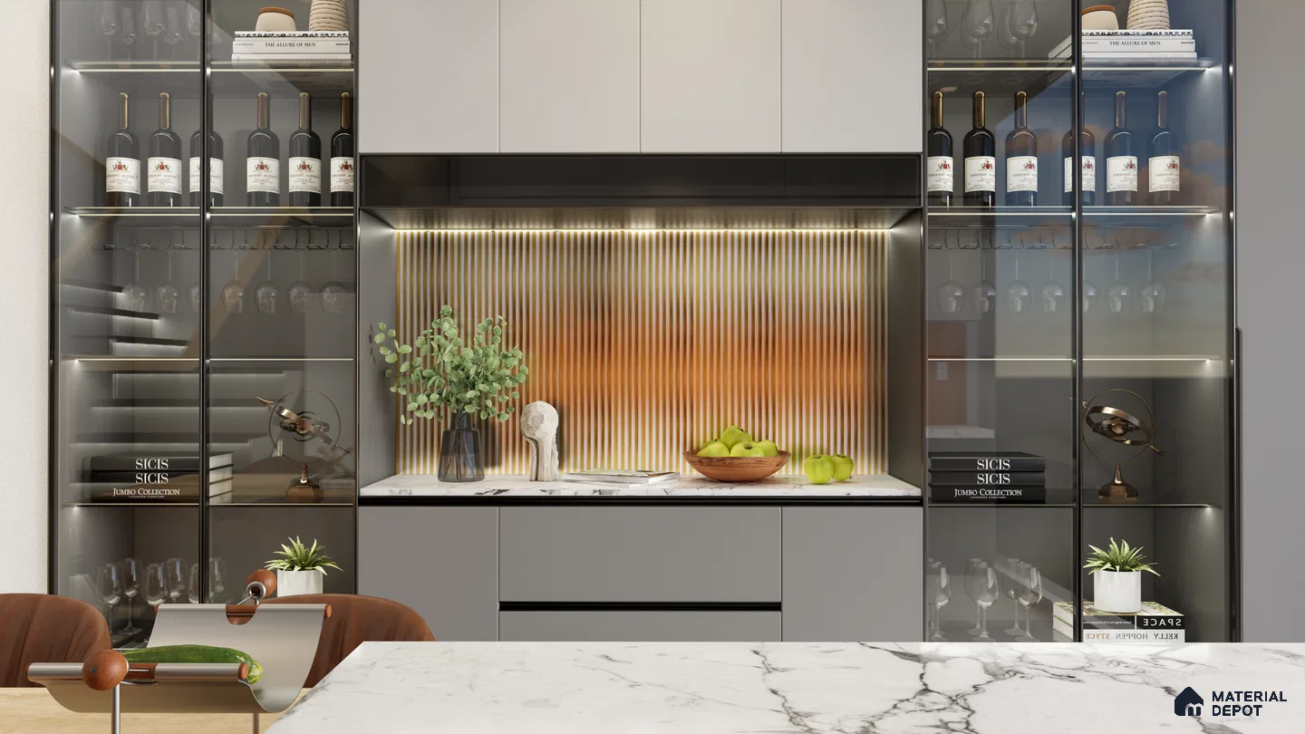 Modern Luxury Kitchen with Wine Display and Marble Countertop | Material Depot