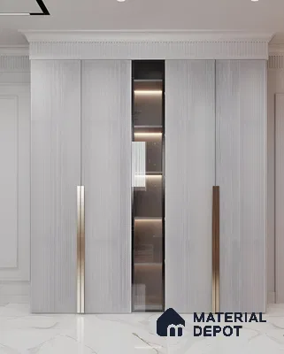 Modern Luxury Wardrobe Design With Glass Display And Gold Handles | Material Depot