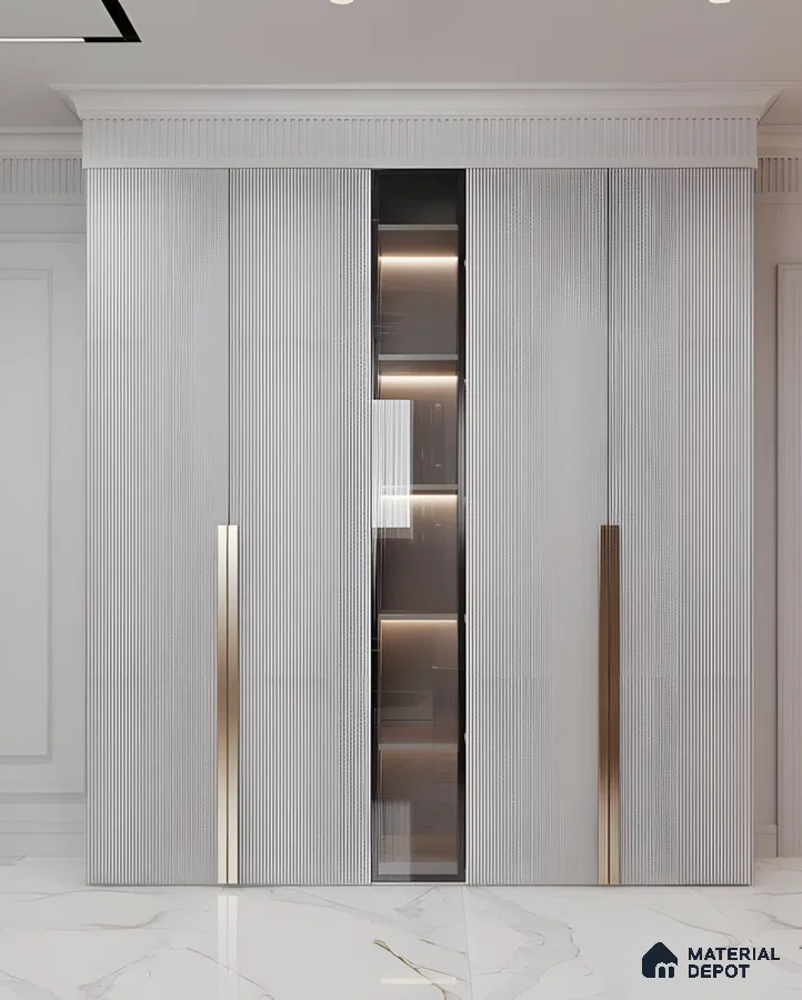 Modern Luxury Wardrobe Design With Glass Display And Gold Handles | Material Depot