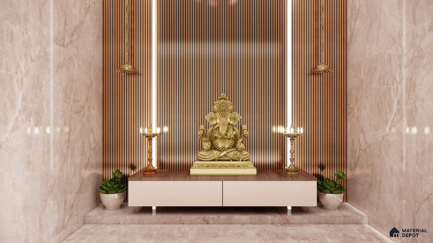 Modern Mandir with Wooden Fluted Panel and Marble Cladding | Material Depot