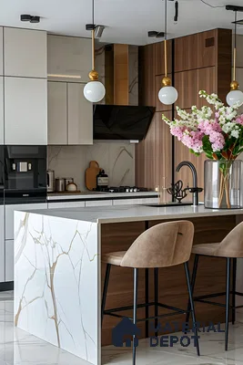 Modern Marble and Wood Kitchen with Minimalist Black Shelving | Material Depot
