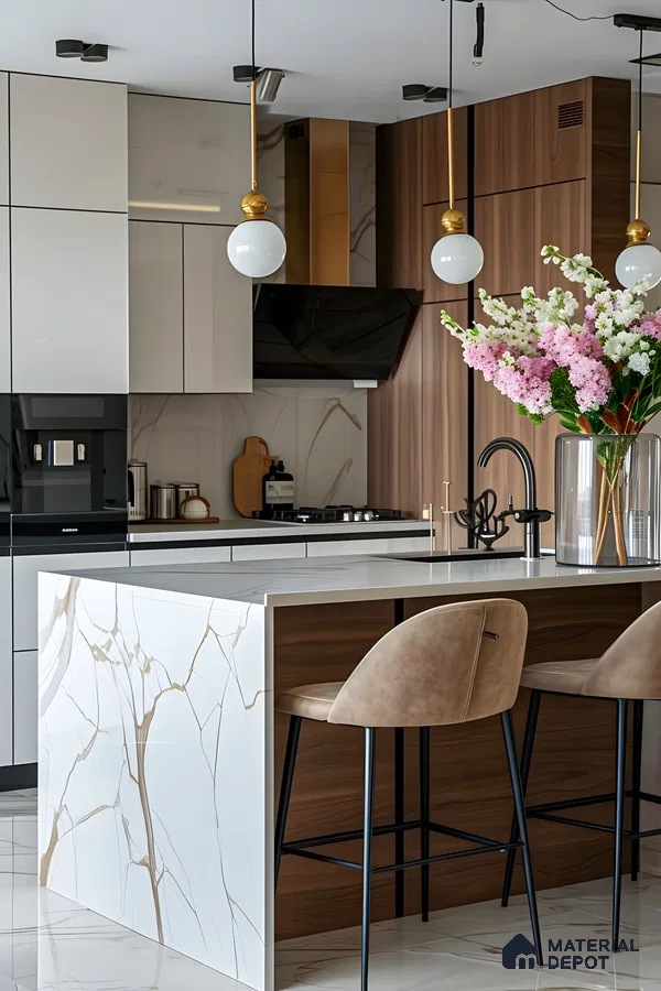 Modern Marble and Wood Kitchen with Minimalist Black Shelving | Material Depot