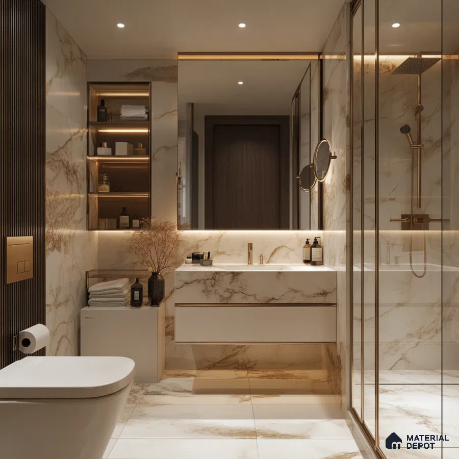 Modern Marble Bathroom with Gold Accents and Ambient Lighting | Material Depot