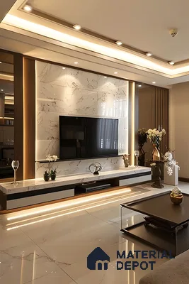 Modern Marble Tv Wall Design With Floating Console And Led Ambient Lighting | Material Depot