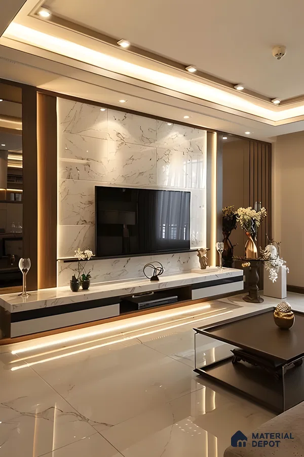 Modern Marble Tv Wall Design With Floating Console And Led Ambient Lighting | Material Depot